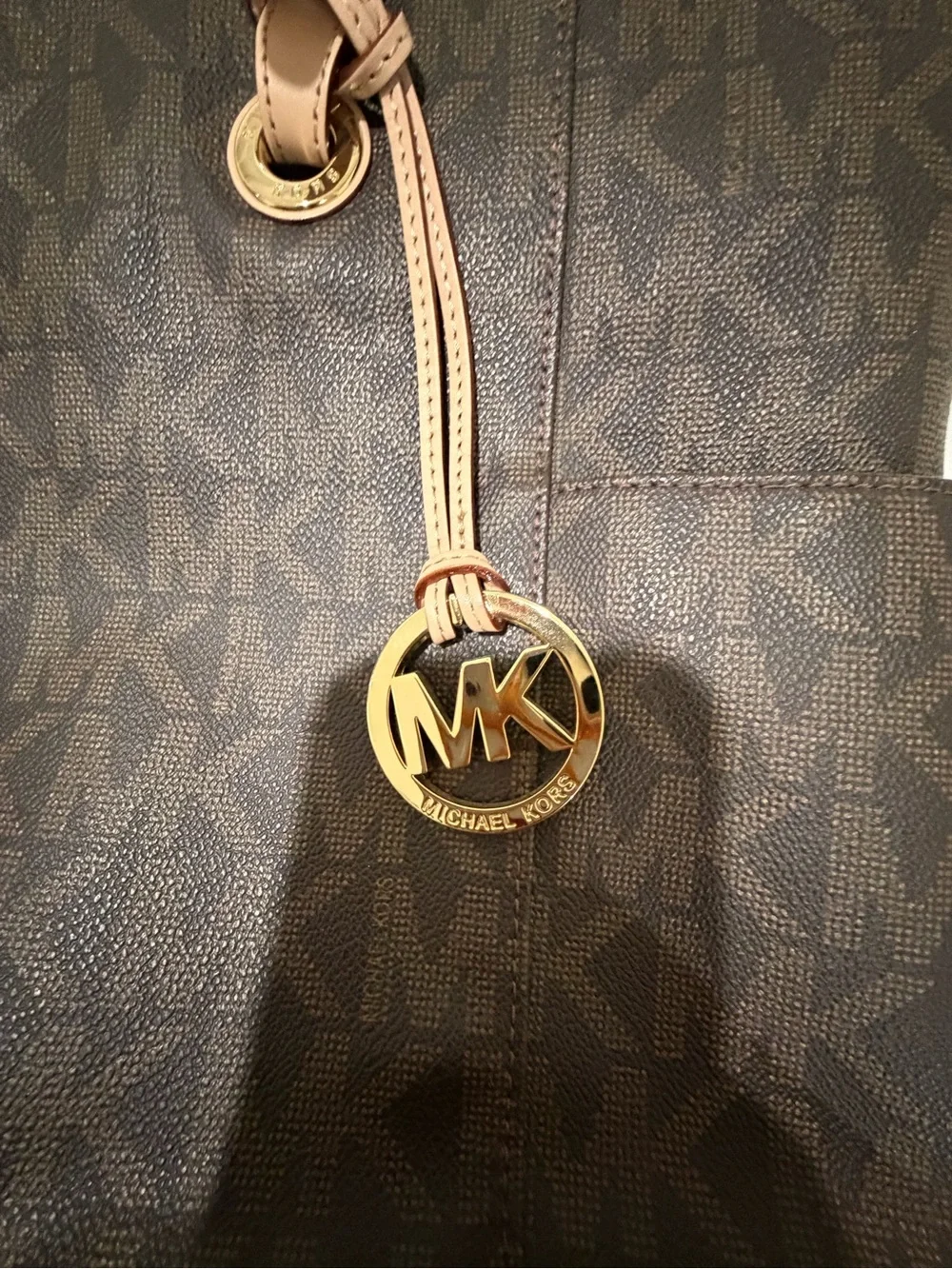 Michael Kors Brown Monogram Tote with Blush Straps